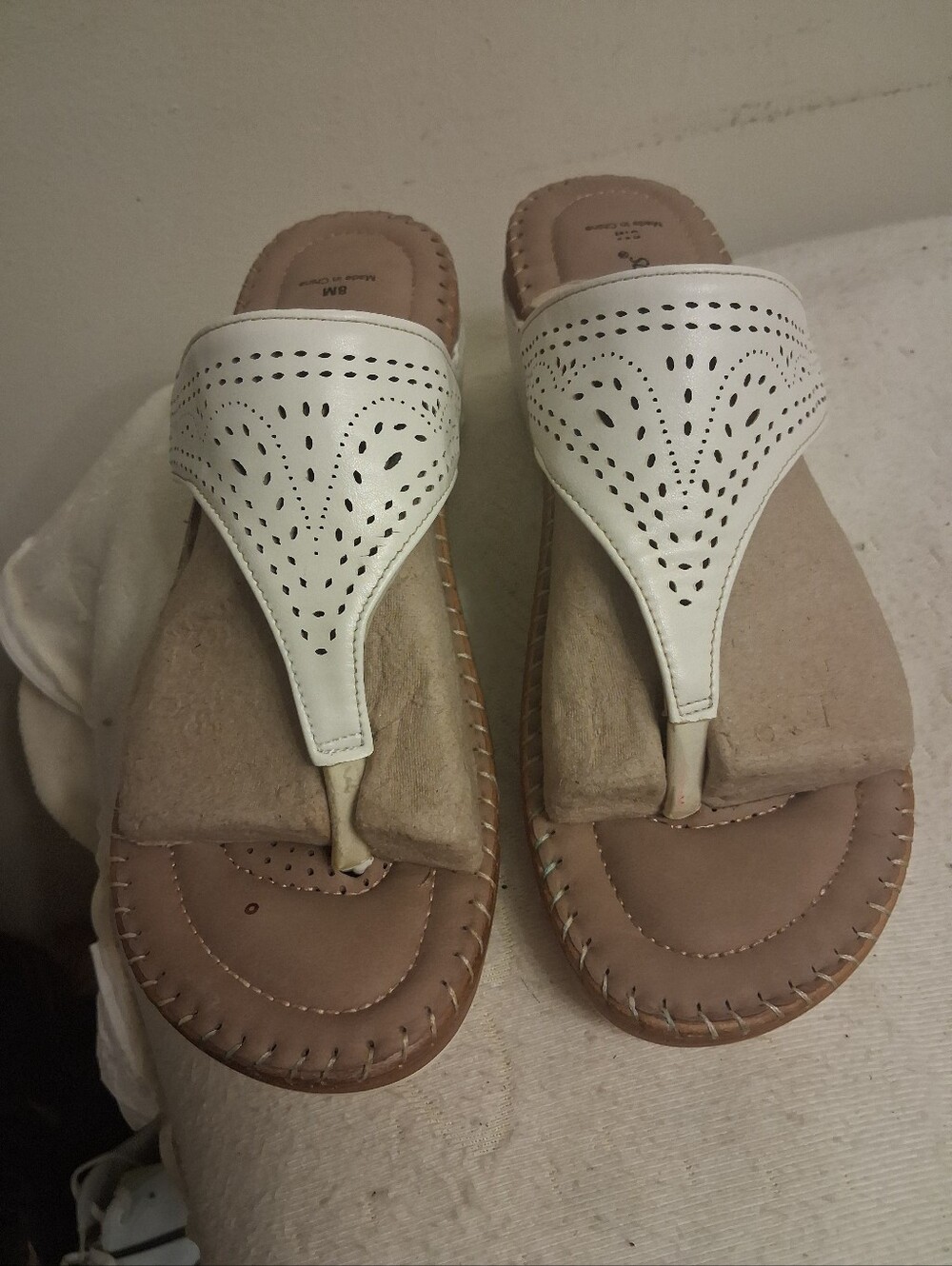 White Perforated Leather ANGEL STEP Thong Sandals - Women size 8M